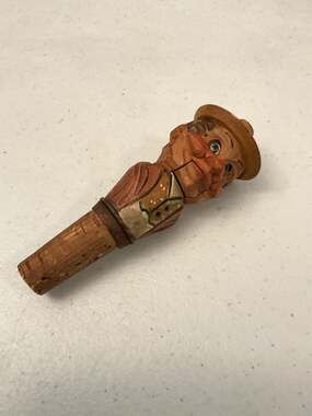 Vintage Anri Hand Carved Mechanical Wood Man With Hat Wine Bottle Stopper